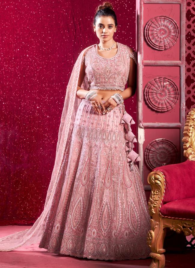 Premium Net Peach Bridal Wear Pearl Work Lehenga Choli